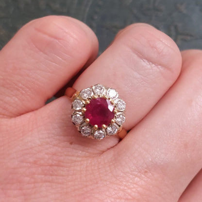 Vintage 1.93ct Ruby and Diamond Cluster Ring