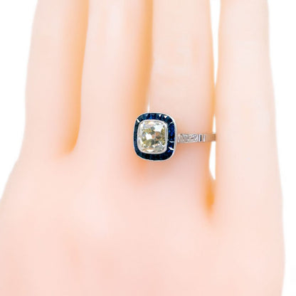 Vintage 1.94ct Cushion Cut Diamond and Sapphire Target Ring