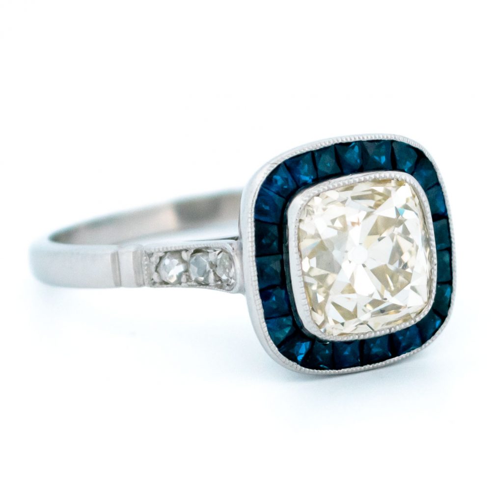 Vintage 1.94ct Cushion Cut Diamond and Sapphire Target Ring