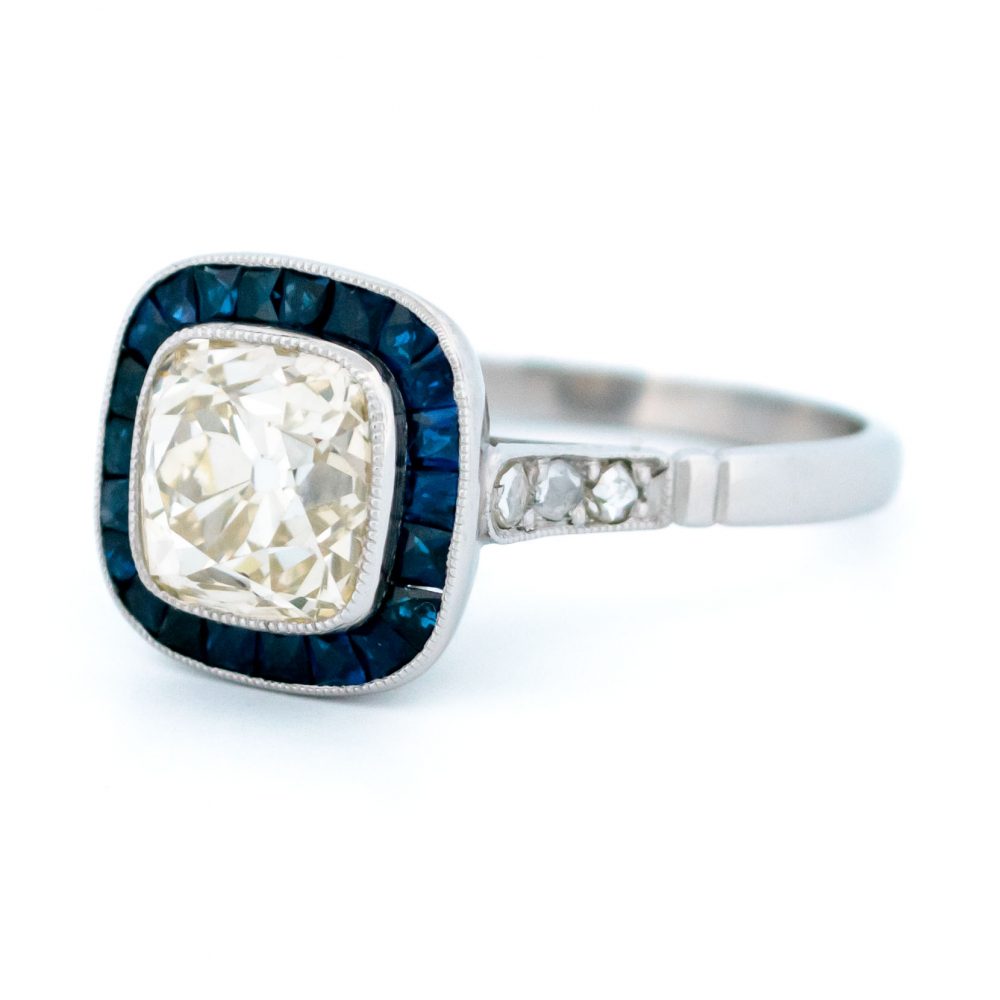 Vintage 1.94ct Cushion Cut Diamond and Sapphire Target Ring