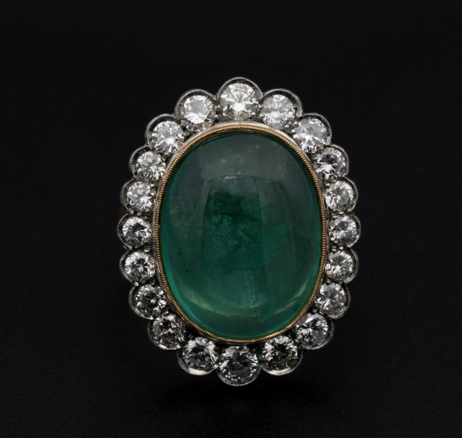 Vintage 14.9ct Oval Cabochon Emerald and Diamond Cluster Ring