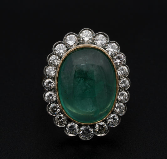 Vintage 14.9ct Oval Cabochon Emerald and Diamond Cluster Ring