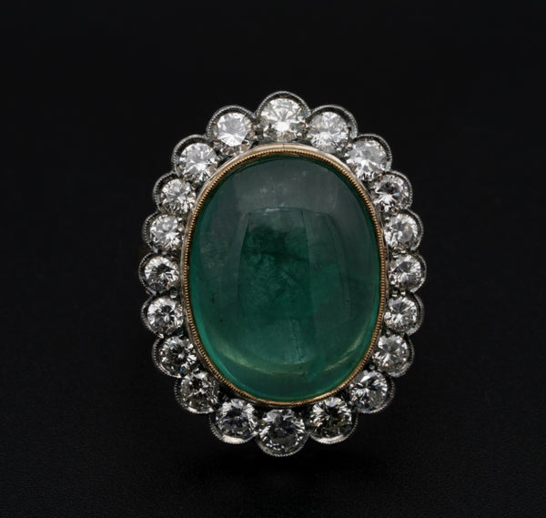 Vintage 14.9ct Oval Cabochon Emerald and Diamond Cluster Ring