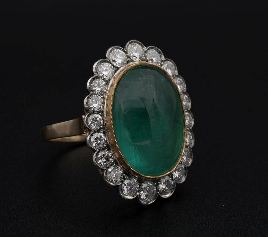 Vintage 14.9ct Oval Cabochon Emerald and Diamond Cluster Ring
