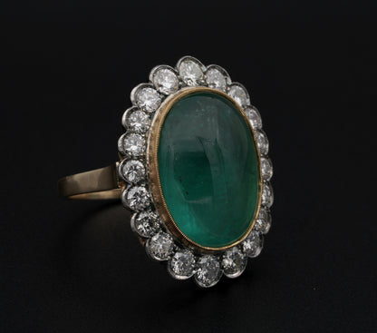 Vintage 14.9ct Oval Cabochon Emerald and Diamond Cluster Ring