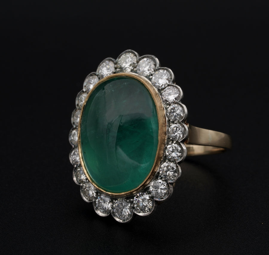 Vintage 15ct Cabochon Emerald and Diamond Oval Cluster Ring