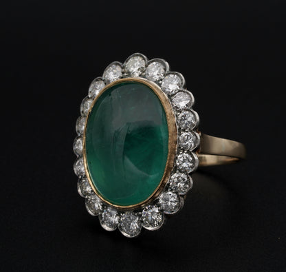 Vintage 15ct Cabochon Emerald and Diamond Oval Cluster Ring