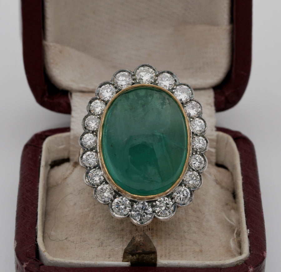 Vintage 14.9ct Oval Cabochon Emerald and Diamond Cluster Ring
