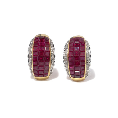 A pair of yellow gold square cut ruby and round diamond earrings