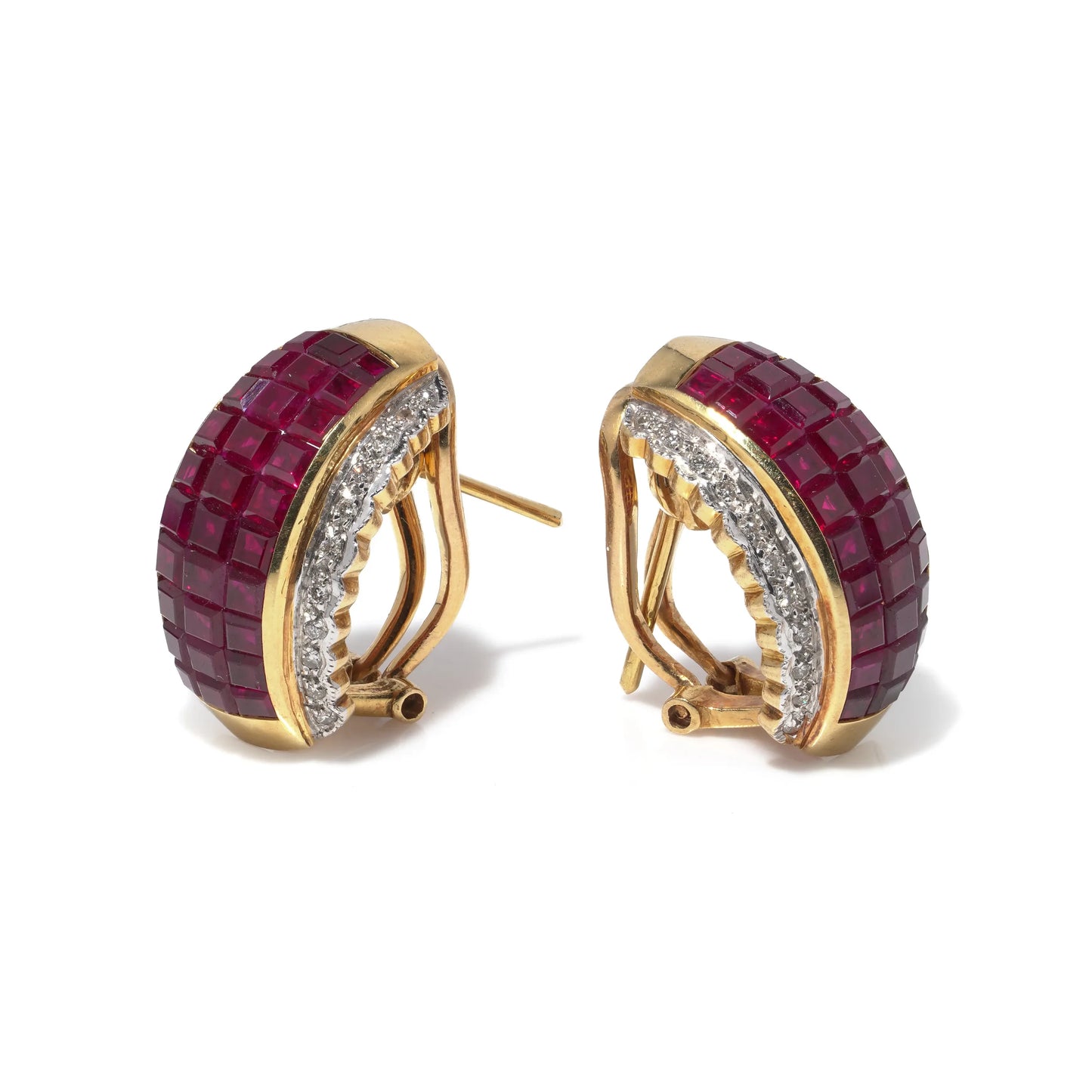 A pair of yellow gold square cut ruby and round diamond earrings