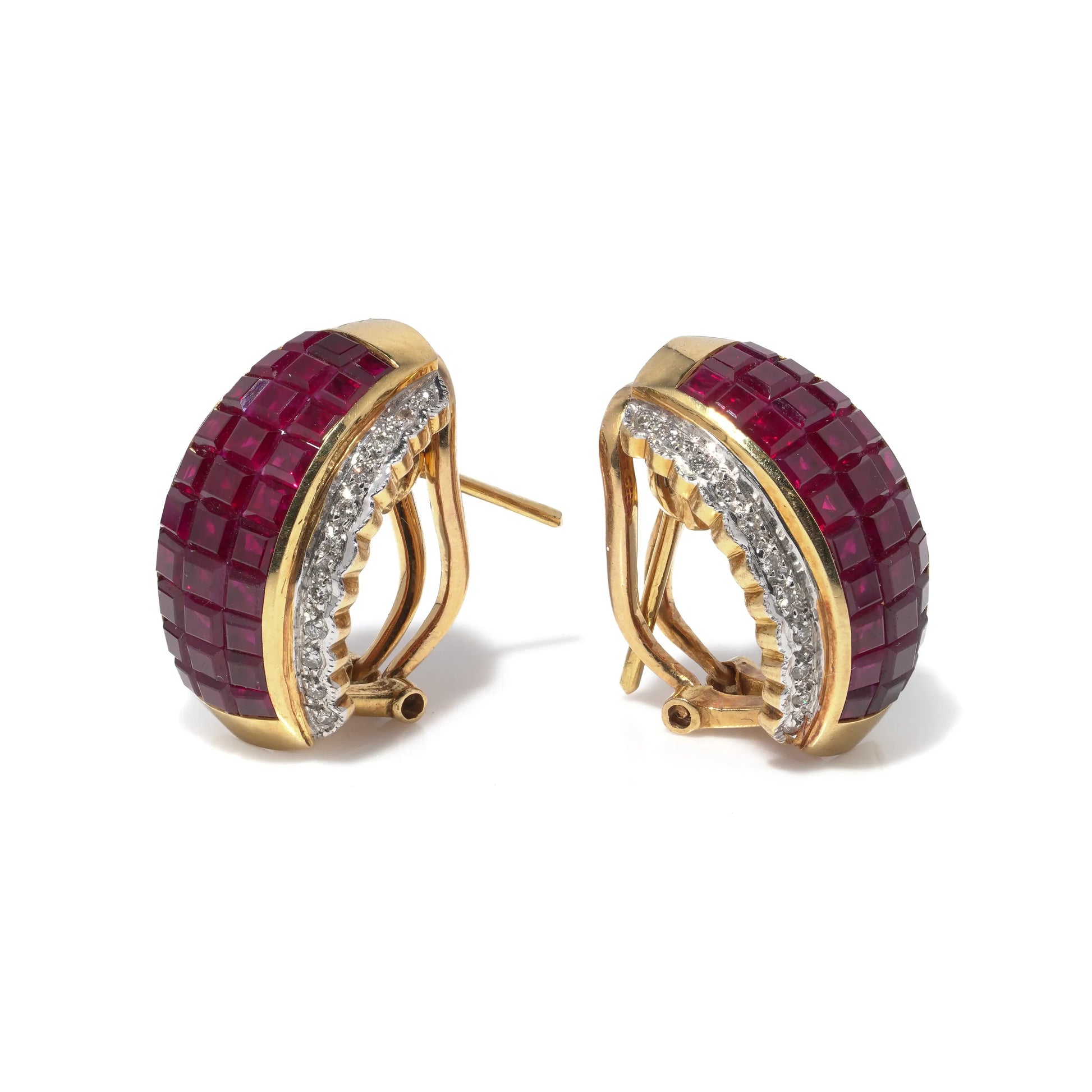 A pair of yellow gold square cut ruby and round diamond earrings