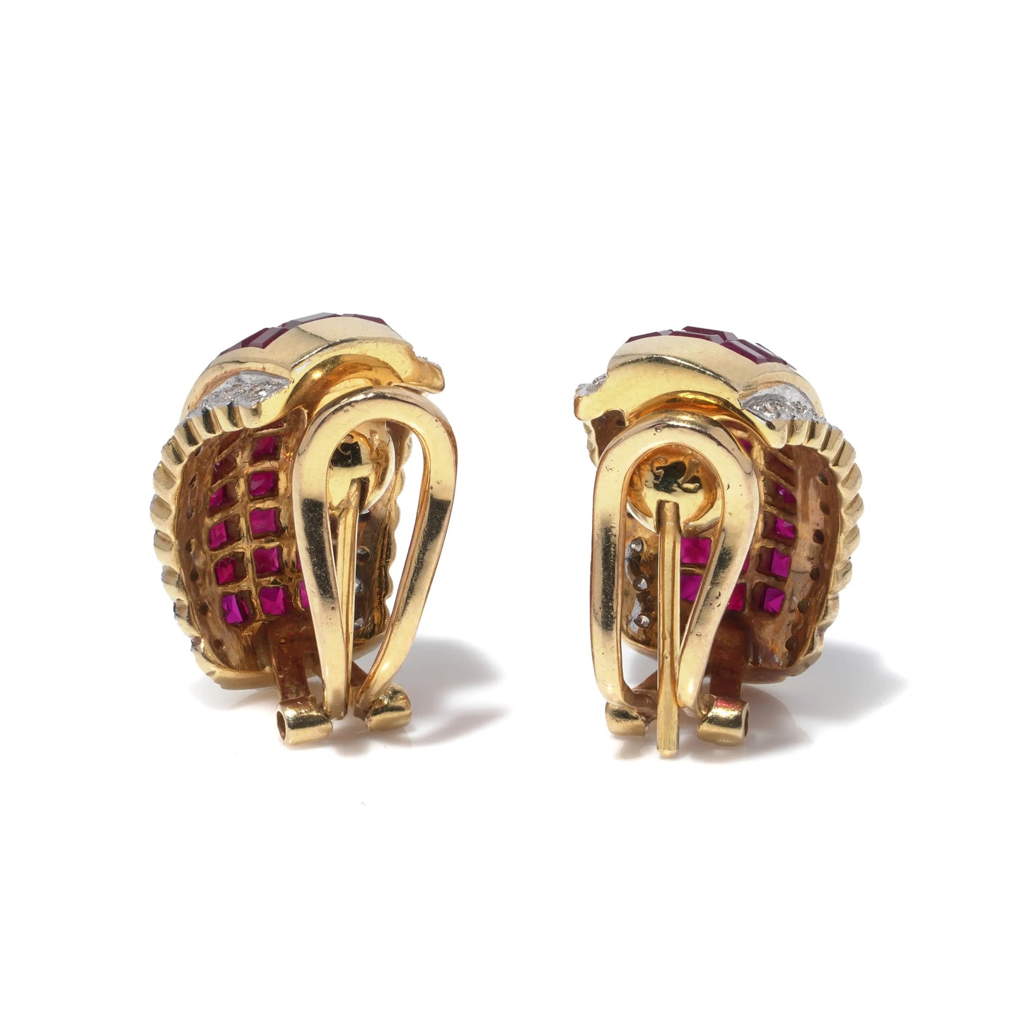A pair of yellow gold square cut ruby and round diamond earrings