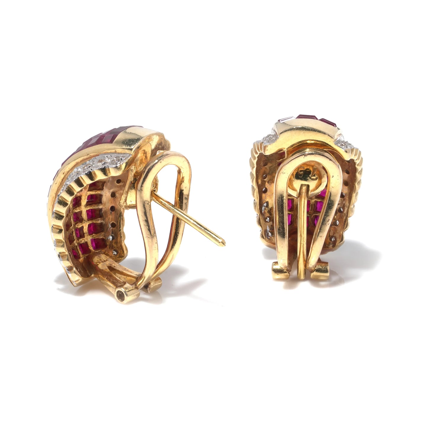A pair of yellow gold square cut ruby and round diamond earrings