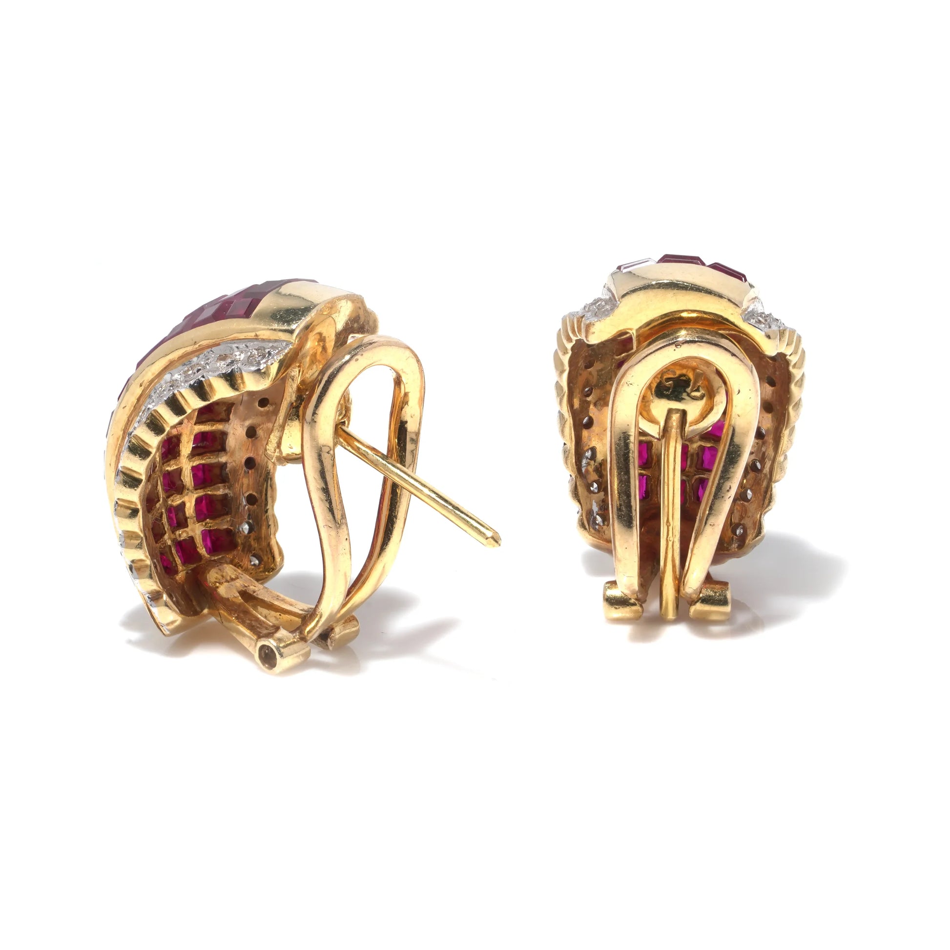A pair of yellow gold square cut ruby and round diamond earrings