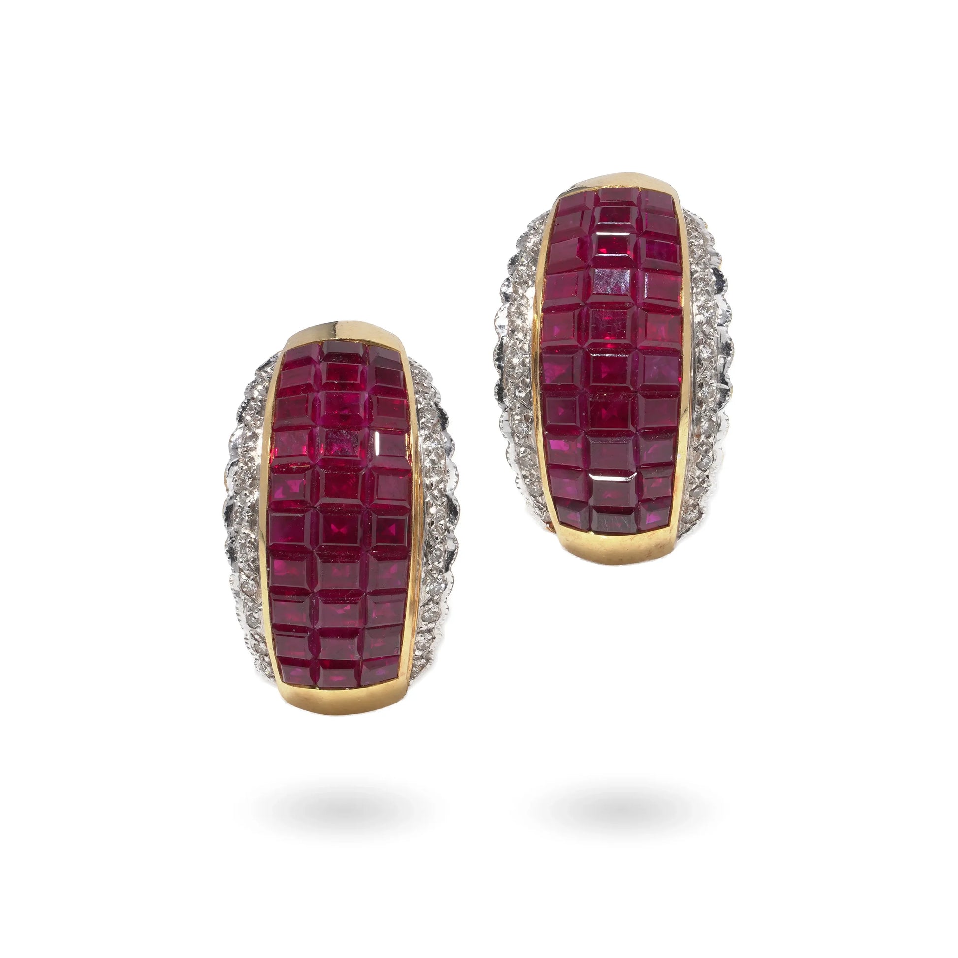 A pair of yellow gold square cut ruby and round diamond earrings