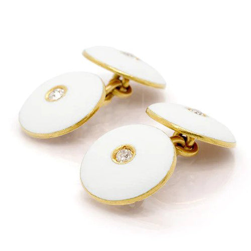 Vintage 1930s Gold and White Enamel Diamond Set Chain Cufflinks