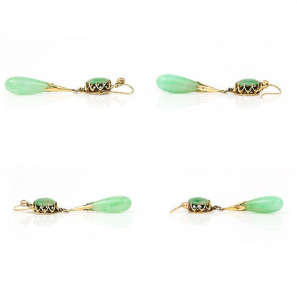 Vintage Natural Jade Drop Pendant Earrings in 14ct Gold
