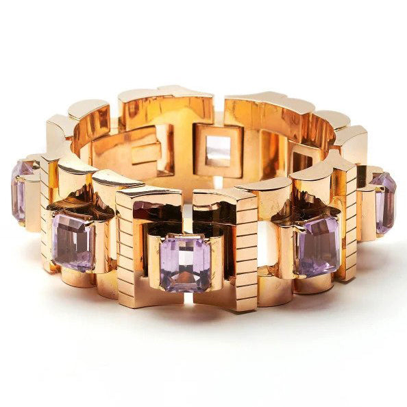 Vintage 1940s Retro Kunzite and Gold Tank Bracelet