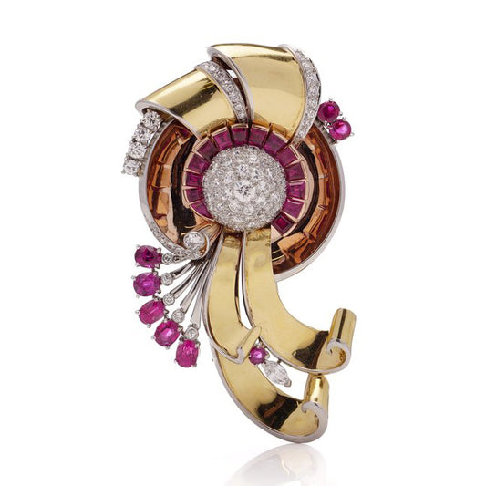 Vintage 1940s Retro 3.20ct Ruby 3.60ct Diamond Gold Floral Spray Brooch