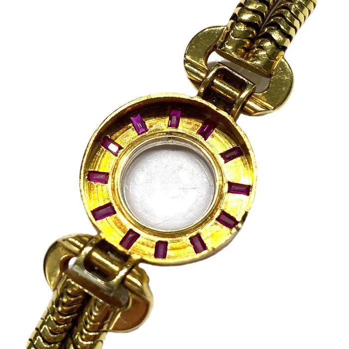 Vintage Bucherer 18ct Yellow Gold Watch with Ruby Bezel and Diamond Shoulders