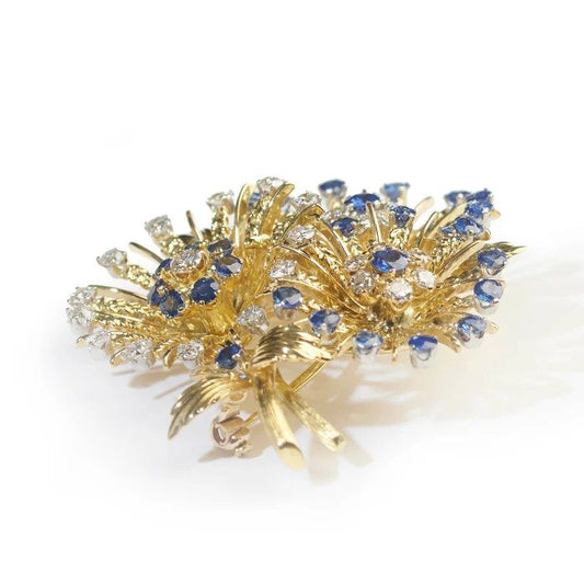 Vintage 1960s Sapphire Diamond And Gold Floral Spray Brooch