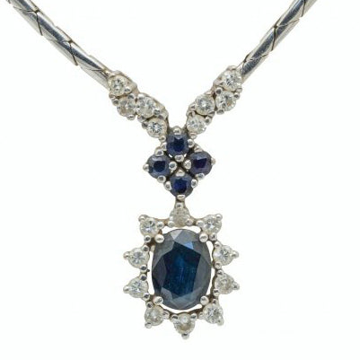 Vintage 1970s Sapphire and Diamond Cluster Pendant Necklace