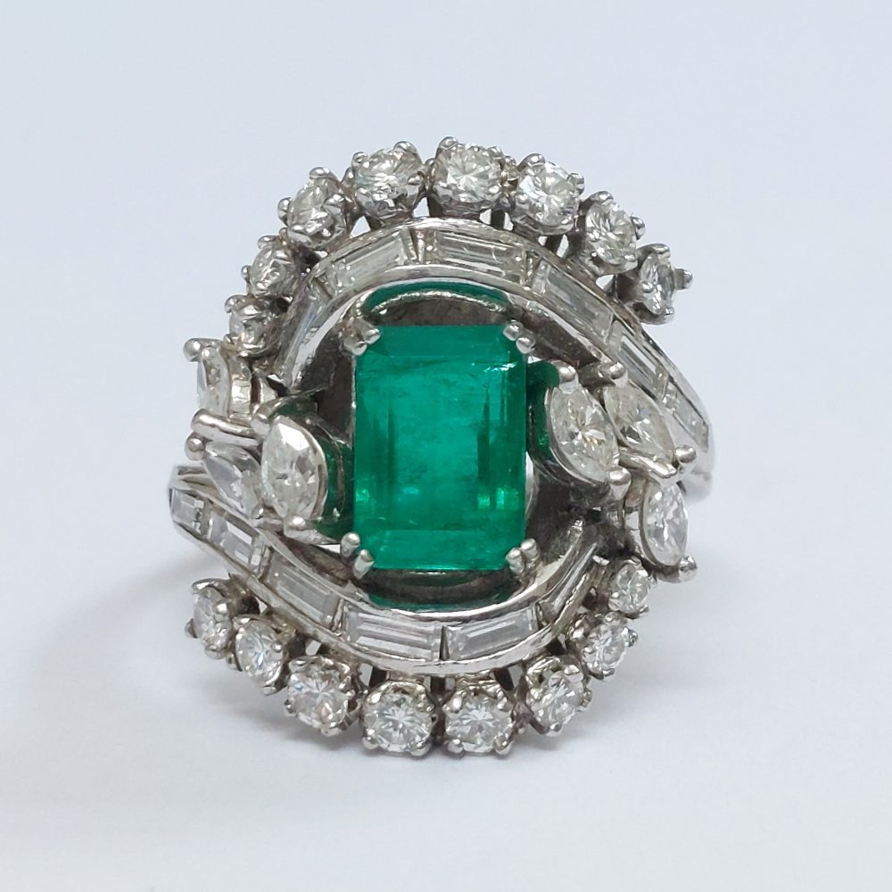 Vintage 2.50ct Emerald and Diamond Fancy Cluster Ring
