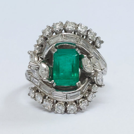 Vintage 2.50ct Emerald and Diamond Fancy Cluster Ring