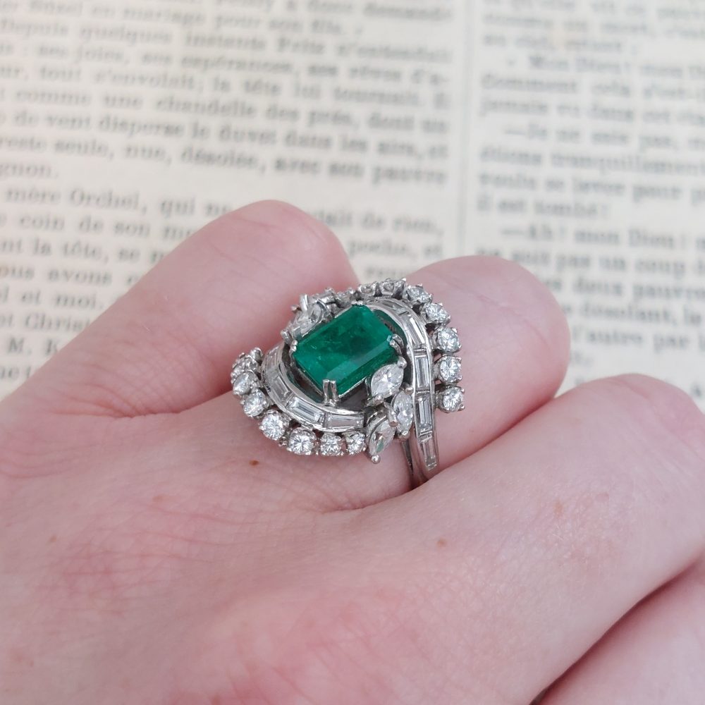 Vintage 2.50ct Emerald and Diamond Fancy Cluster Ring