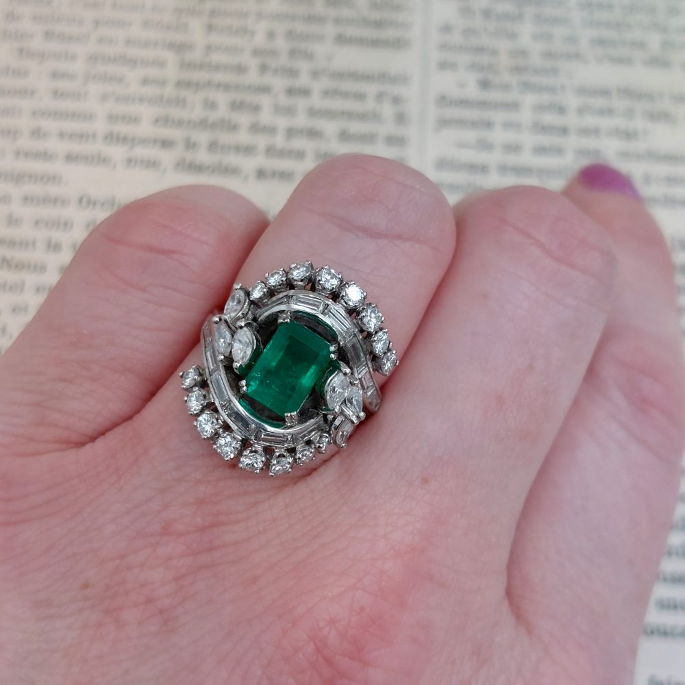 Vintage 2.50ct Emerald and Diamond Fancy Cluster Ring