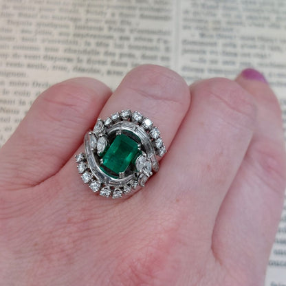 Vintage 2.50ct Emerald and Diamond Fancy Cluster Ring