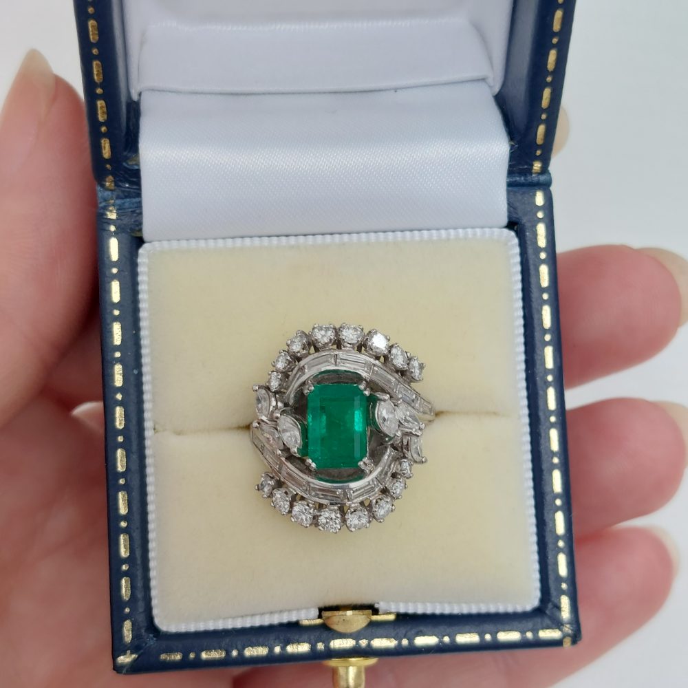 Vintage 2.50ct Emerald and Diamond Fancy Cluster Ring