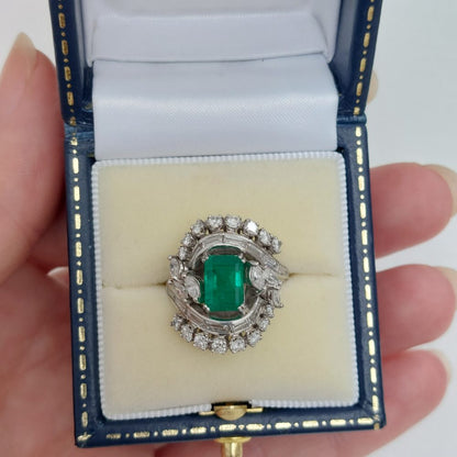Vintage 2.50ct Emerald and Diamond Fancy Cluster Ring