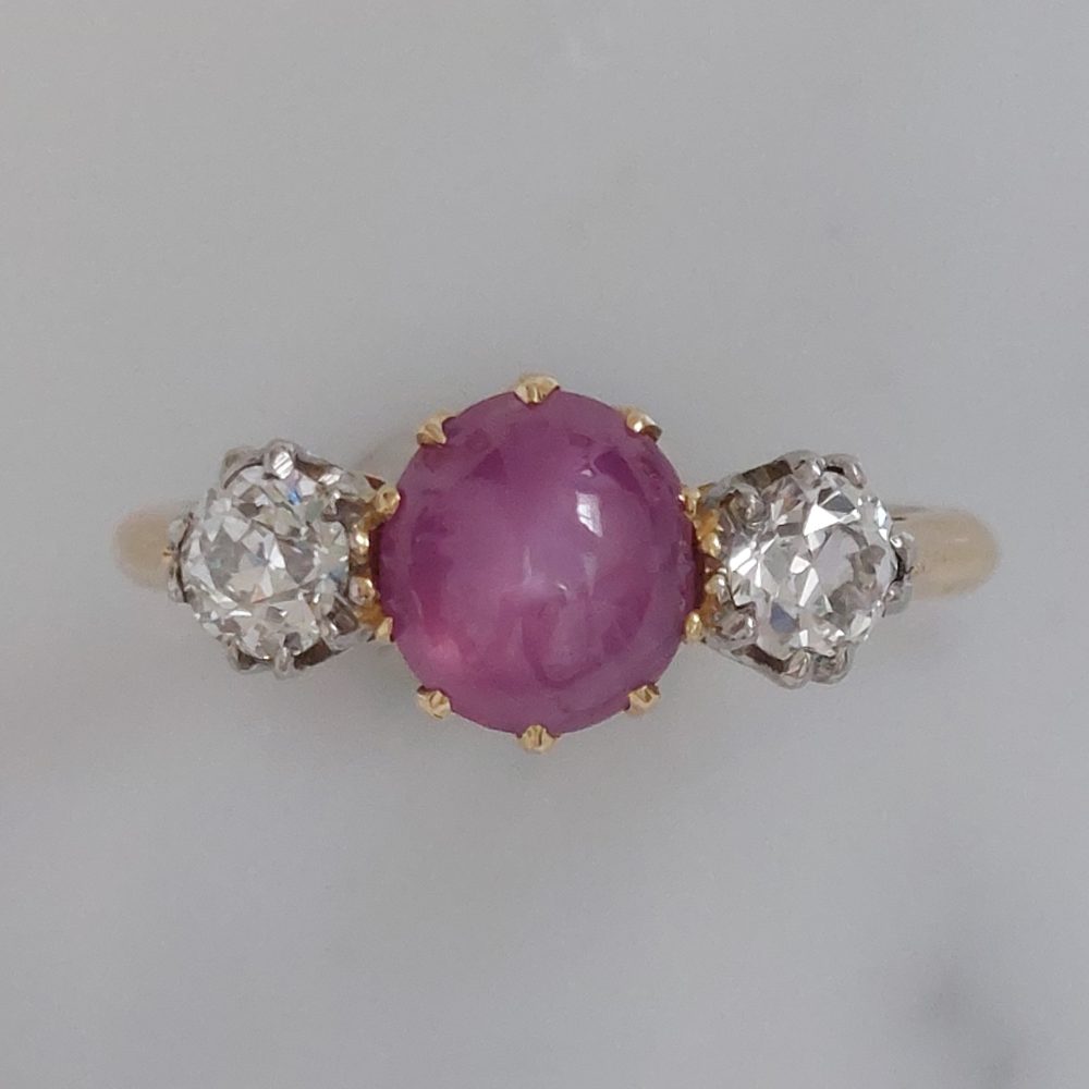 Vintage 2.50ct Star Ruby and Old Mine Cut Diamond Three Stone Ring