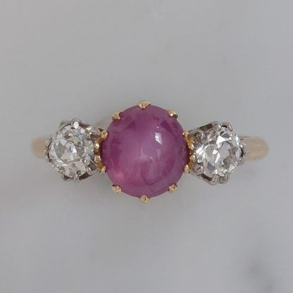 Vintage 2.50ct Star Ruby and Old Mine Cut Diamond Three Stone Ring