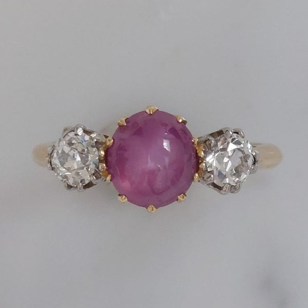 Vintage 2.50ct Star Ruby and Old Mine Cut Diamond Three Stone Ring