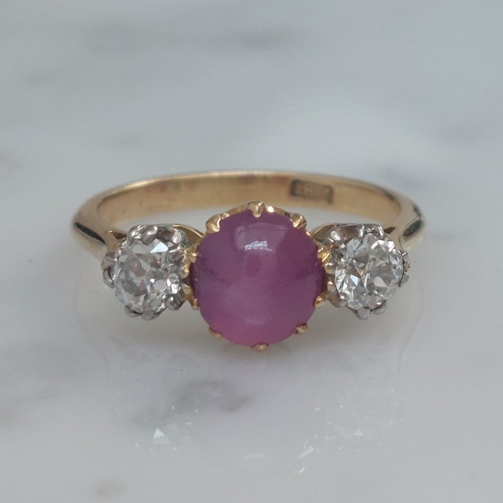 Vintage 2.50ct Star Ruby and Old Mine Cut Diamond Three Stone Ring