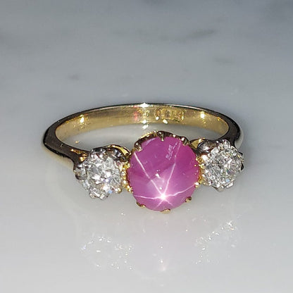 Vintage 2.50ct Star Ruby and Old Mine Cut Diamond Three Stone Ring