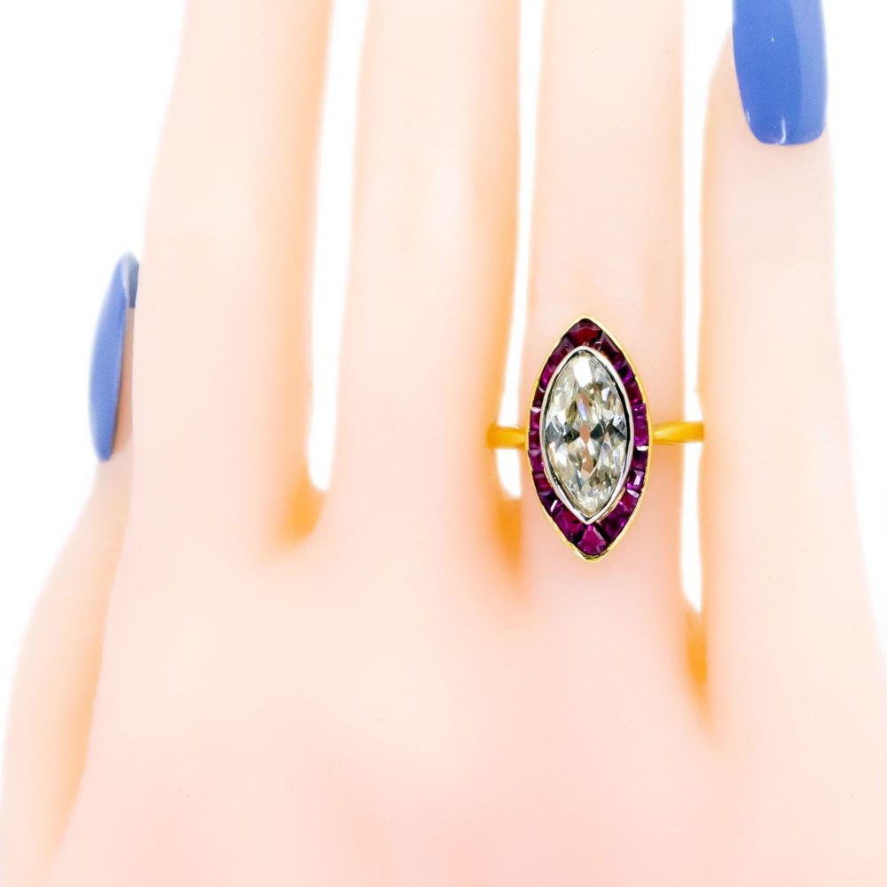 Vintage 2.60ct Marquise Cut Diamond and Ruby Ring