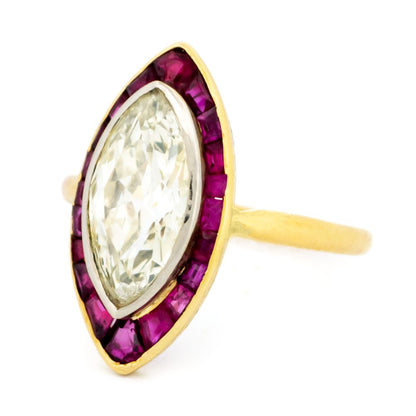 Vintage 2.60ct Marquise Cut Diamond and Ruby Ring
