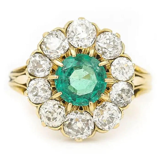 Vintage 2.7ct Emerald and 3.2ct Old Cut Diamond Cluster Ring in 18ct Yellow Gold, Circa 1940s