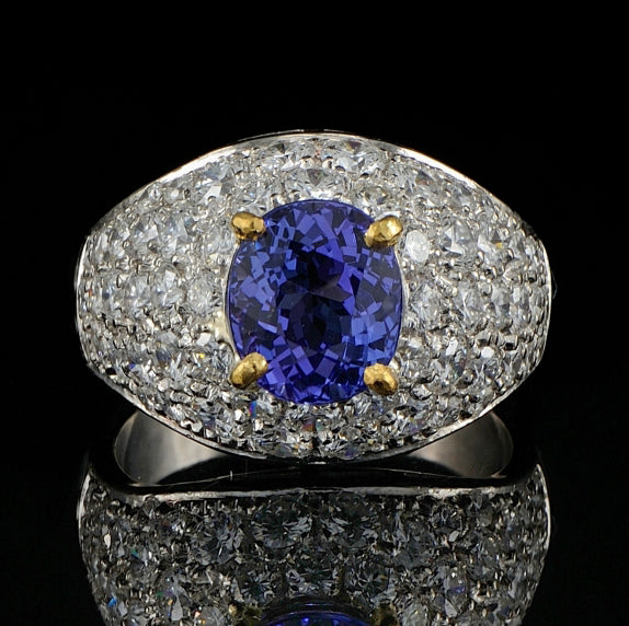 Vintage 2.4ct Tanzanite and 3.8ct Diamond Bombe Cluster Ring in Platinum