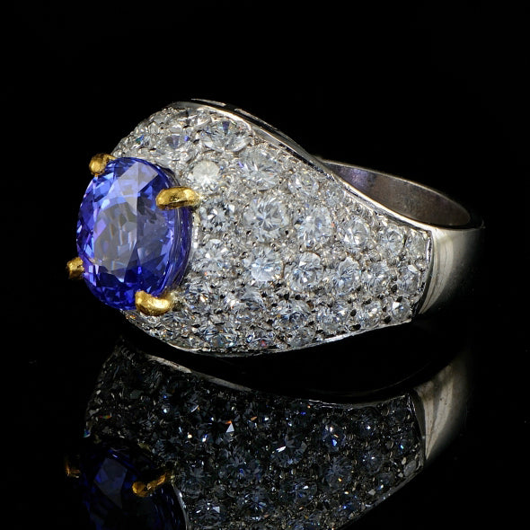 Vintage 2.4ct Tanzanite and 3.8ct Diamond Bombe Cocktail Ring in Platinum