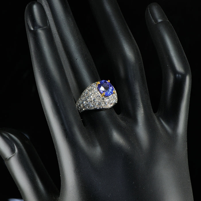 Vintage 2.40ct Tanzanite and 3.80cts Diamond Cluster Bombe Cocktail Ring in Platinum
