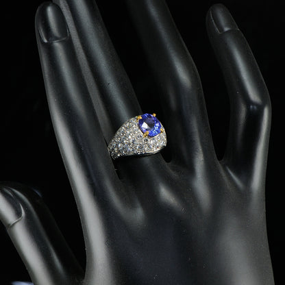 Vintage 2.40ct Tanzanite and 3.80cts Diamond Cluster Bombe Cocktail Ring in Platinum