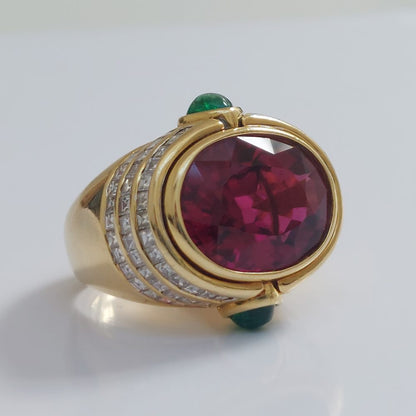 Vintage 20ct Rubellite Emerald and Diamond Dress Ring