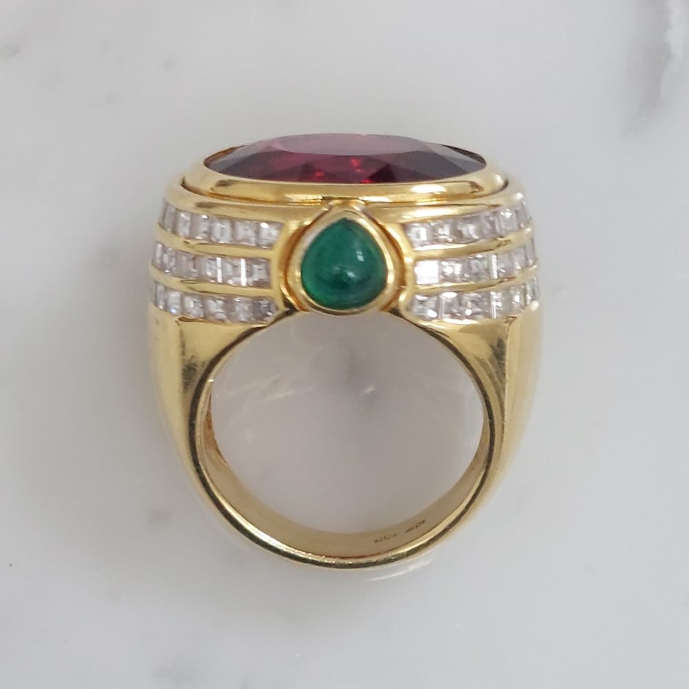 Vintage 20ct Rubellite Emerald and Diamond Dress Ring
