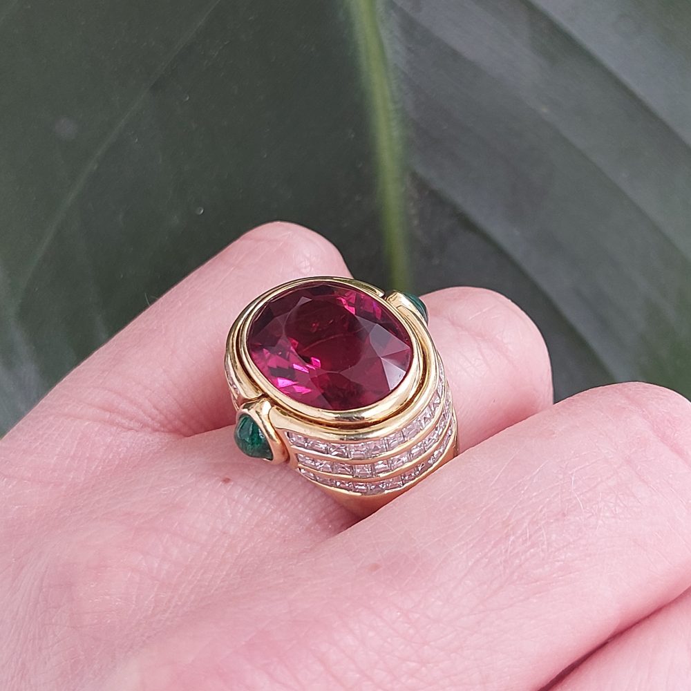 Vintage 20ct Rubellite Emerald and Diamond Dress Ring