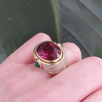 Vintage 20ct Rubellite Emerald and Diamond Dress Ring