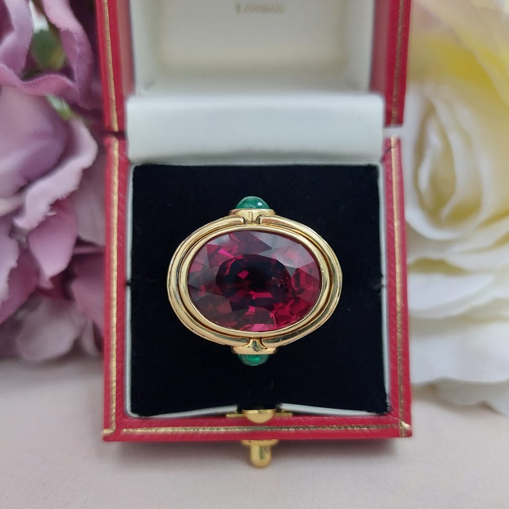 Vintage 20ct Rubellite Emerald and Diamond Dress Ring